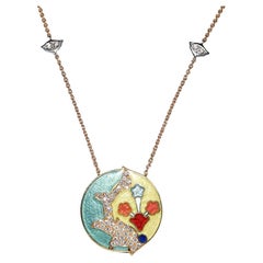 18k Gold Natural Diamond And Enamel Decorated Pretty Necklace