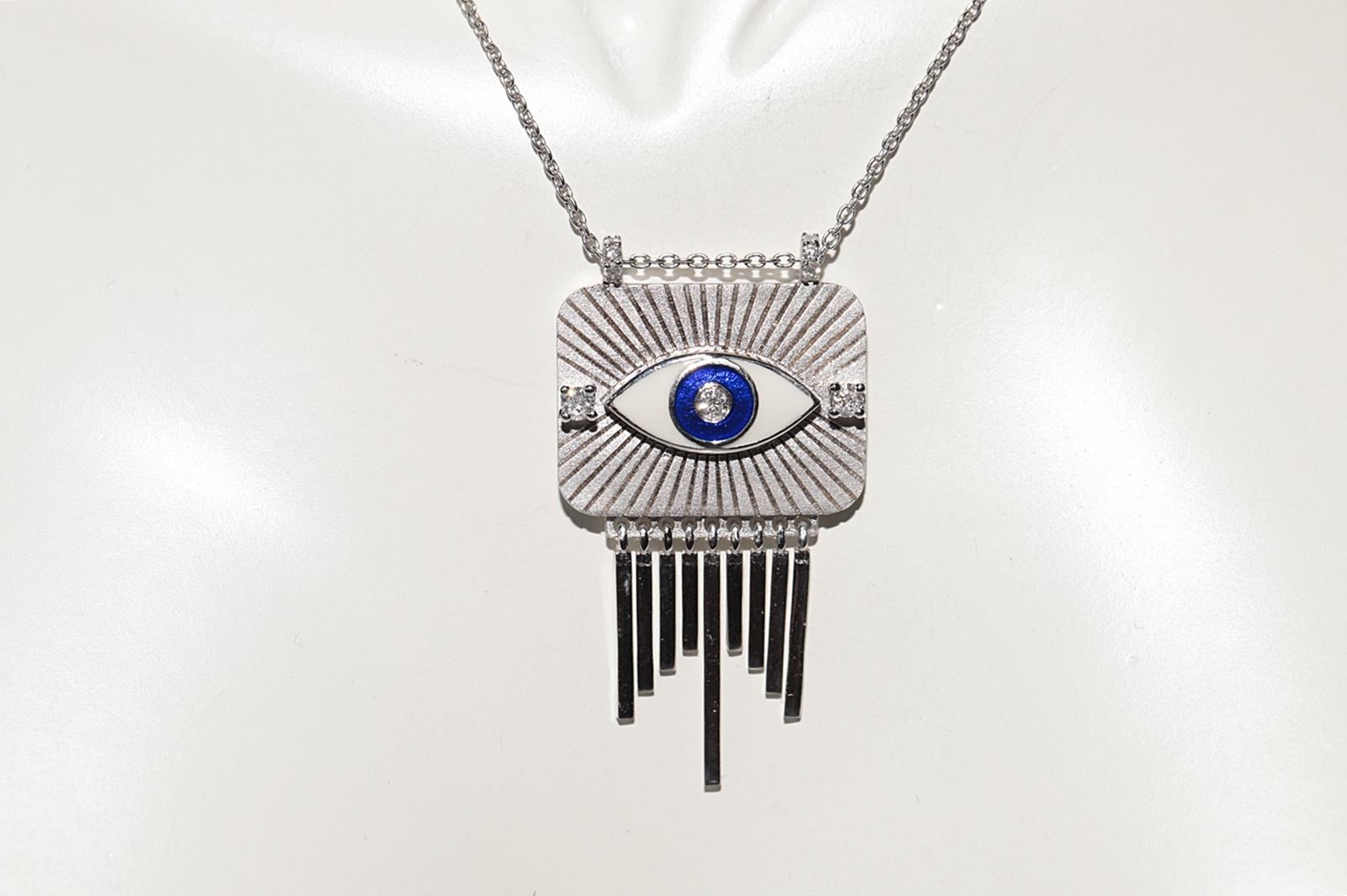 Brilliant Cut 18k Gold Natural Diamond And Enamel Eye Decorated Pendant Necklace For Sale