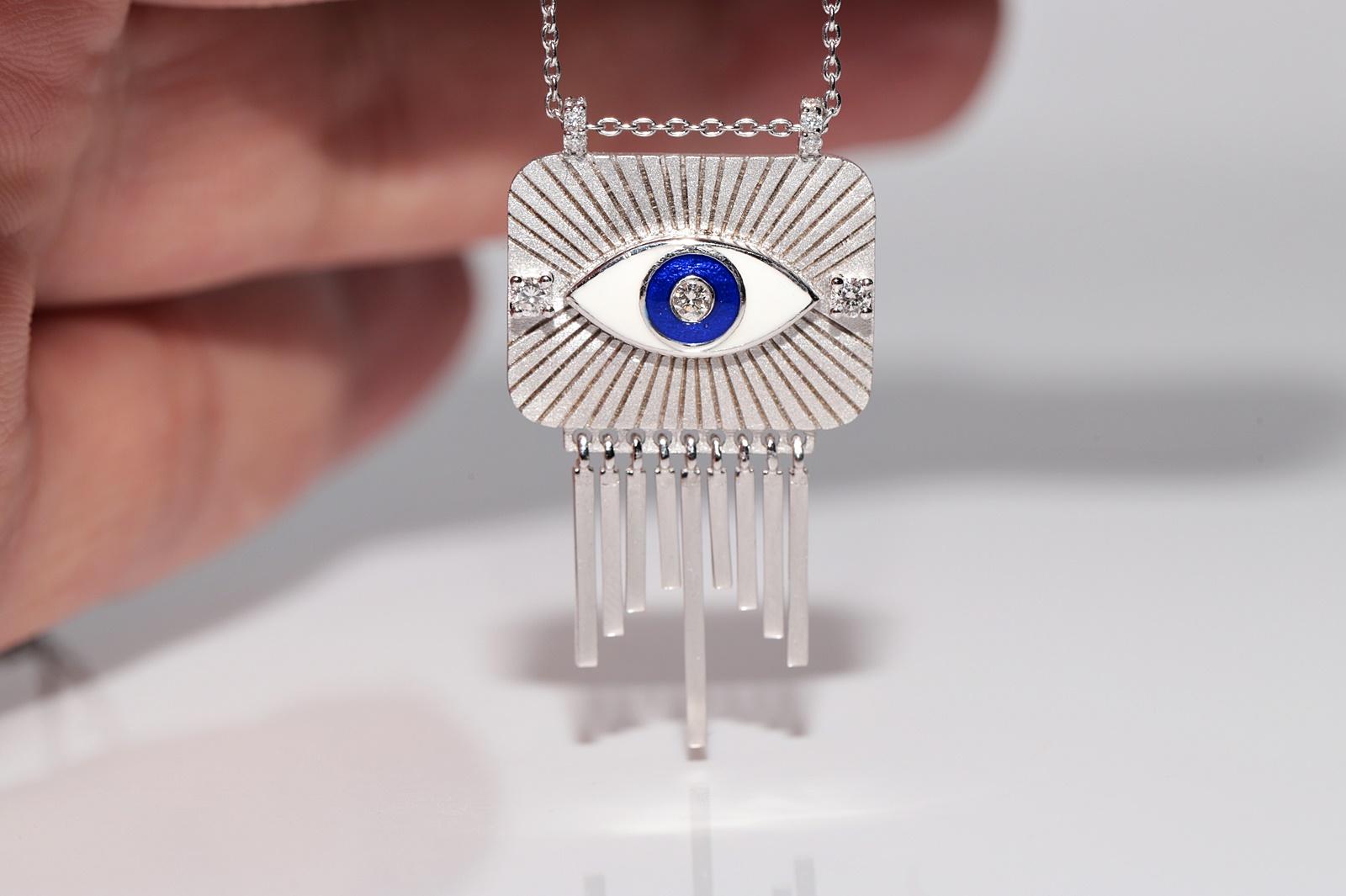 Women's 18k Gold Natural Diamond And Enamel Eye Decorated Pendant Necklace For Sale