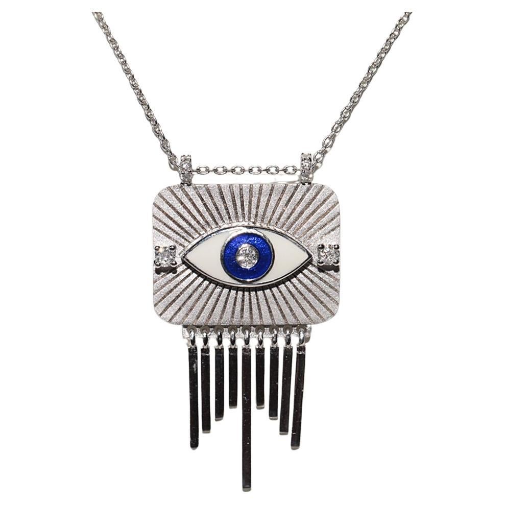 18k Gold Natural Diamond And Enamel Eye Decorated Pendant Necklace For Sale