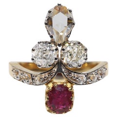 18K Gold Natural Diamond And Natural Ruby Navette Ring