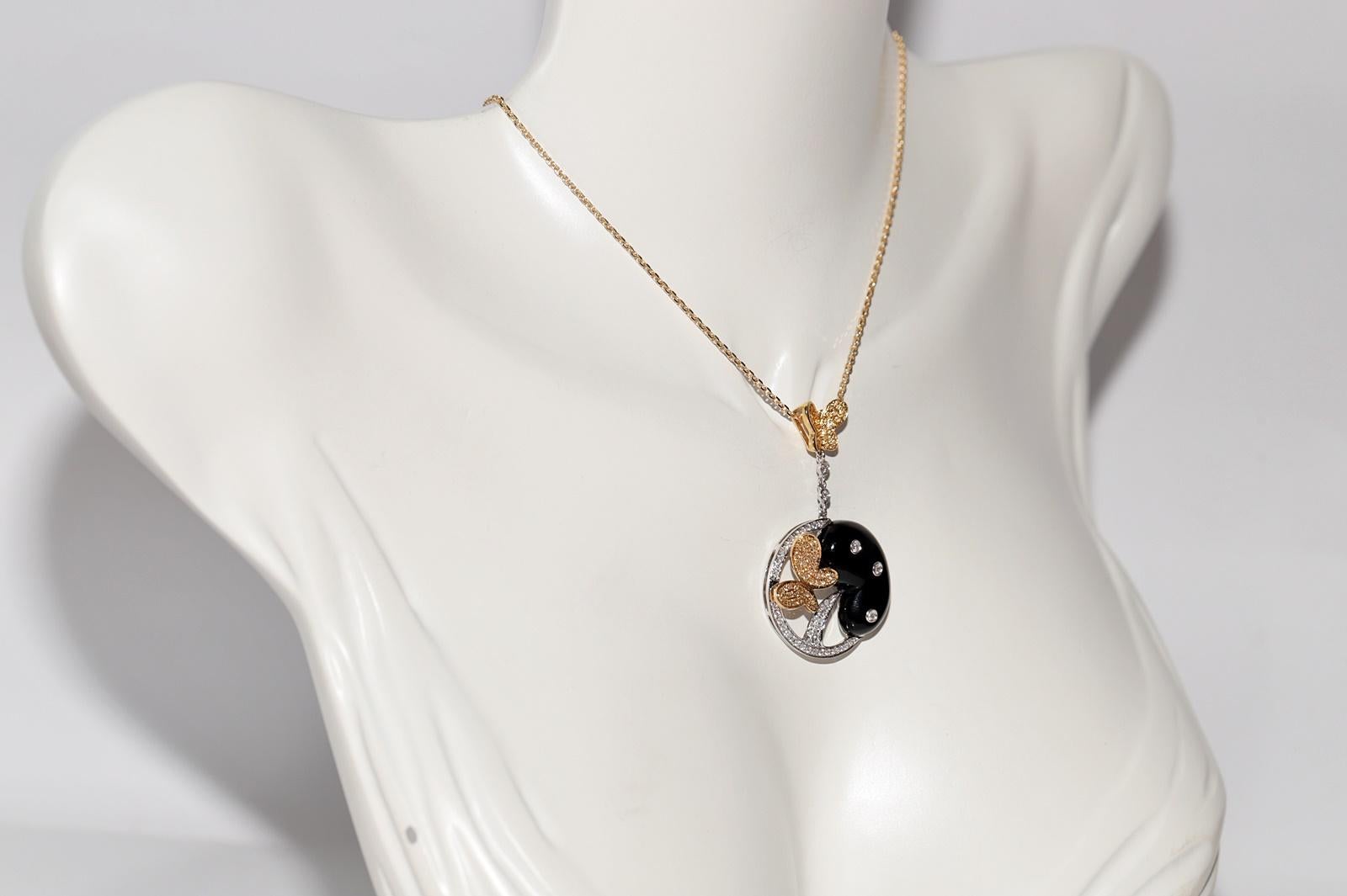 18k Gold Natural Diamond And Onyx Decorated Butterfly Pendant Necklace In Good Condition For Sale In Fatih/İstanbul, 34