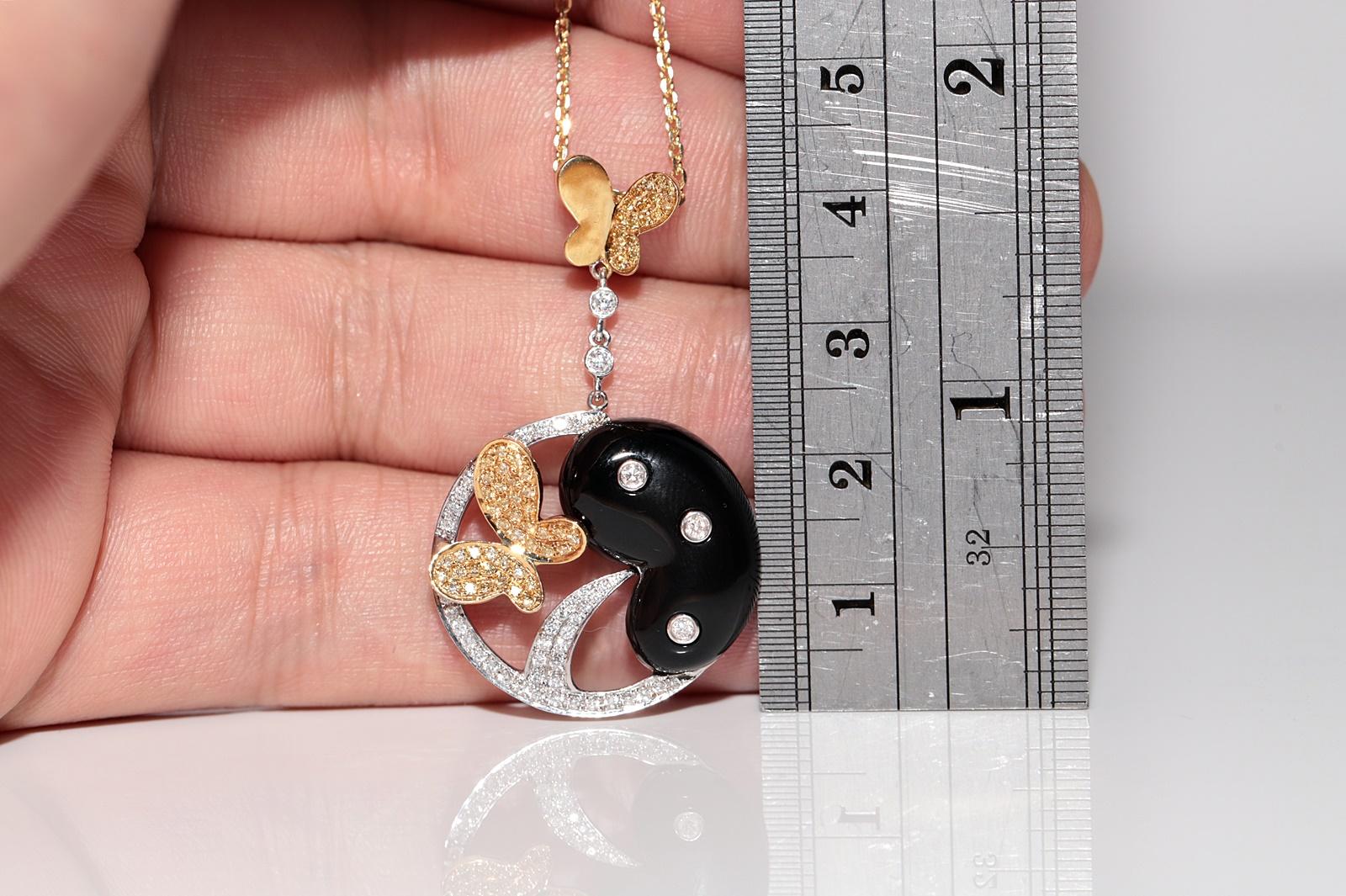 Women's 18k Gold Natural Diamond And Onyx Decorated Butterfly Pendant Necklace For Sale