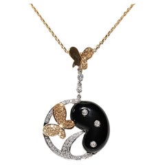 18k Gold Natural Diamond And Onyx Decorated Butterfly Pendant Necklace