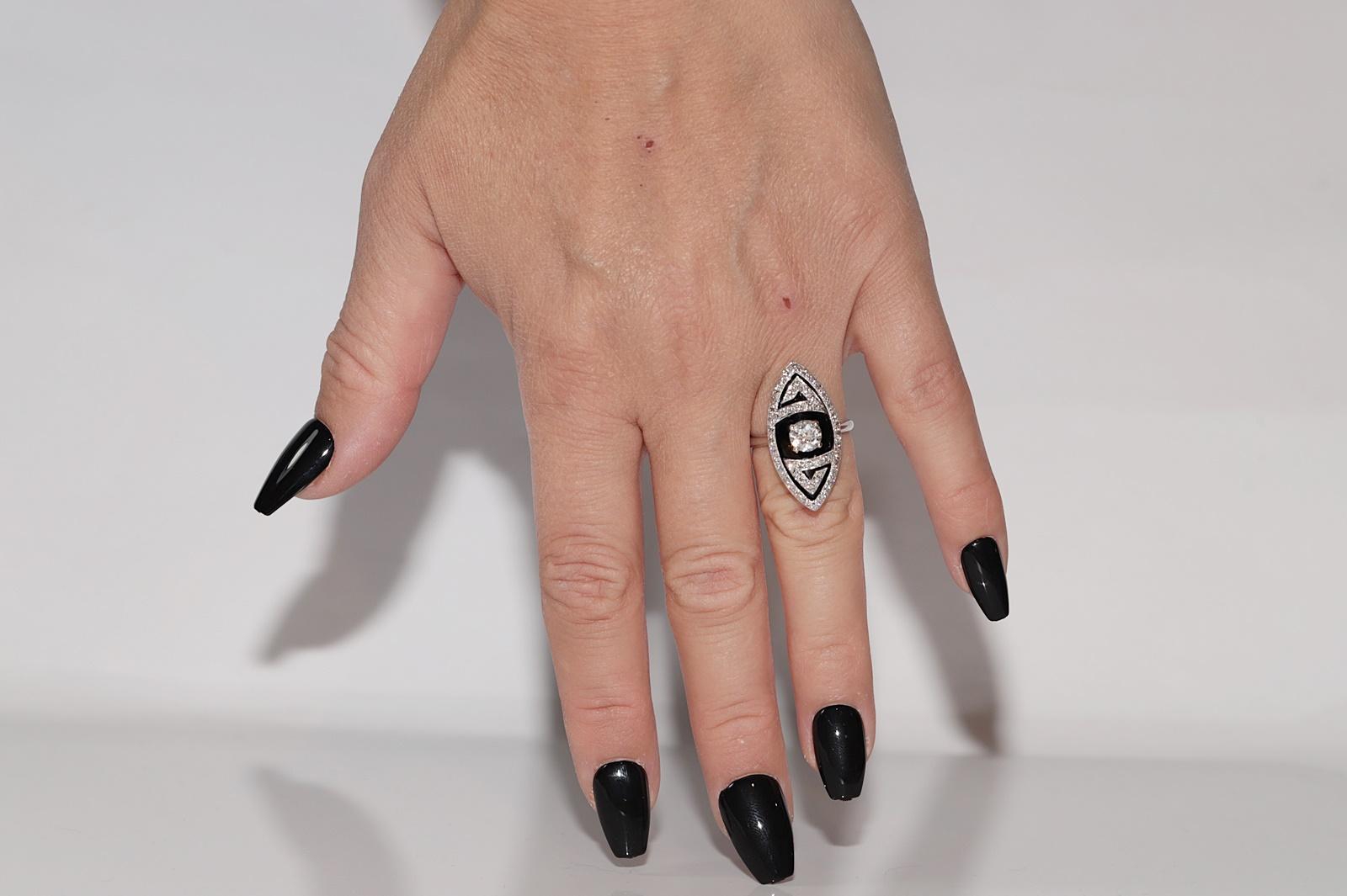 Anello Navette decorato con diamanti naturali e onice in oro 18k in vendita 7