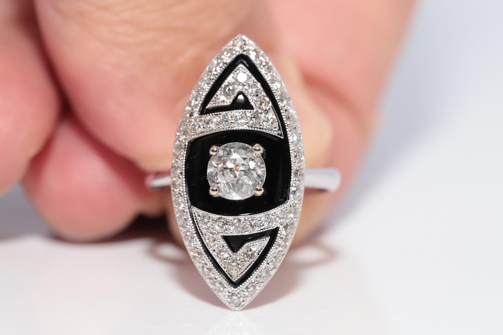 Taglio brillante Anello Navette decorato con diamanti naturali e onice in oro 18k in vendita