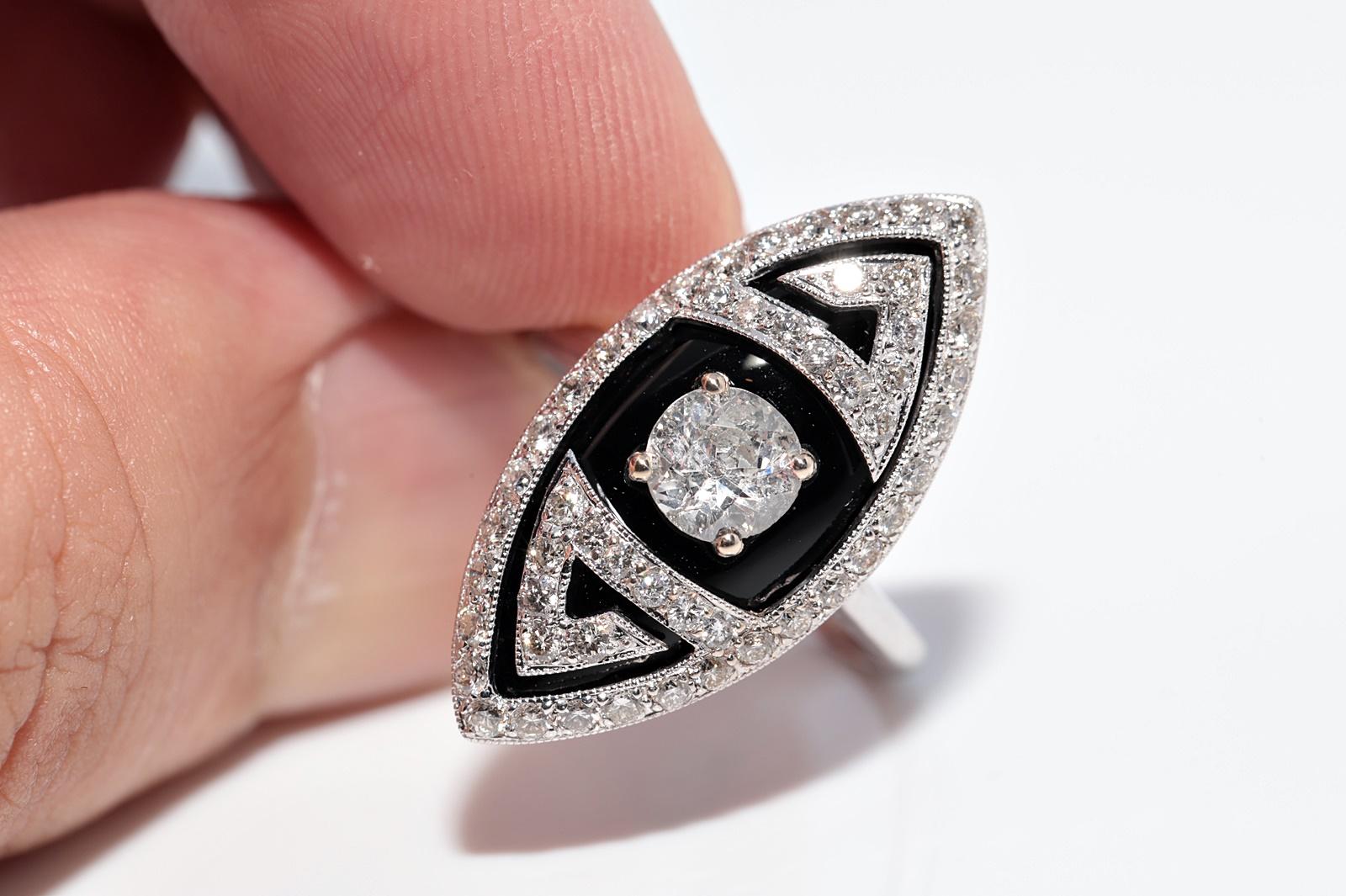 Anello Navette decorato con diamanti naturali e onice in oro 18k in vendita 3