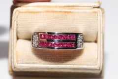 18k Gold Natural Diamond And Princess Cut Natural Ruby Decorated Band Ring