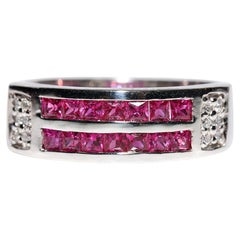 18k Gold Natural Diamond And Princess Cut Natural Ruby Decorated Band Ring