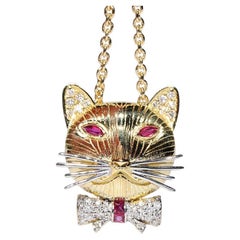 18k Gold Natural Diamond And Ruby Decorated Cat Pendant Necklace