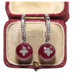 Vintage 18k Gold Natural Diamond And Ruby Italy Made Ponte Vecchio Brand Drop Earring 