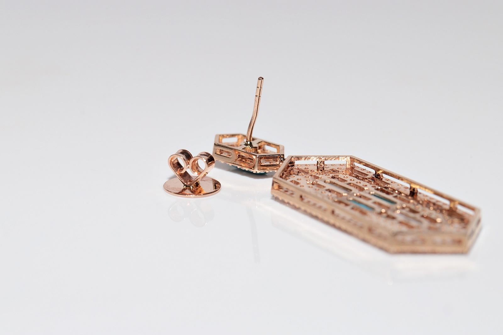 18 Karat Gold Natürlicher Diamant und Türkis Dekorierter Tropfenohrring im Angebot 4