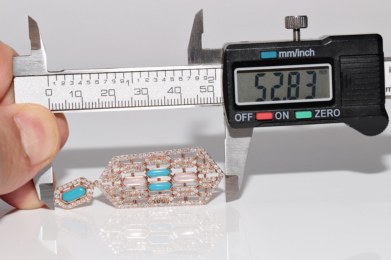 18 Karat Gold Natürlicher Diamant und Türkis Dekorierter Tropfenohrring im Angebot 6