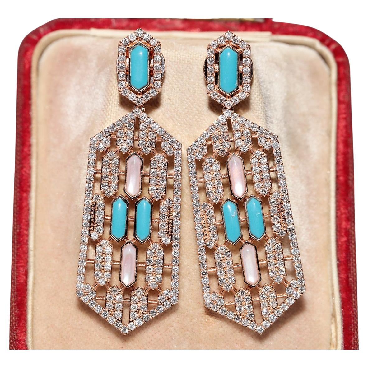 18k Gold Natural Diamond And Turquoise Decorated Drop Earring