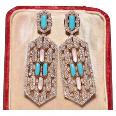 18k Gold Natural Diamond And Turquoise Decorated Drop Earring