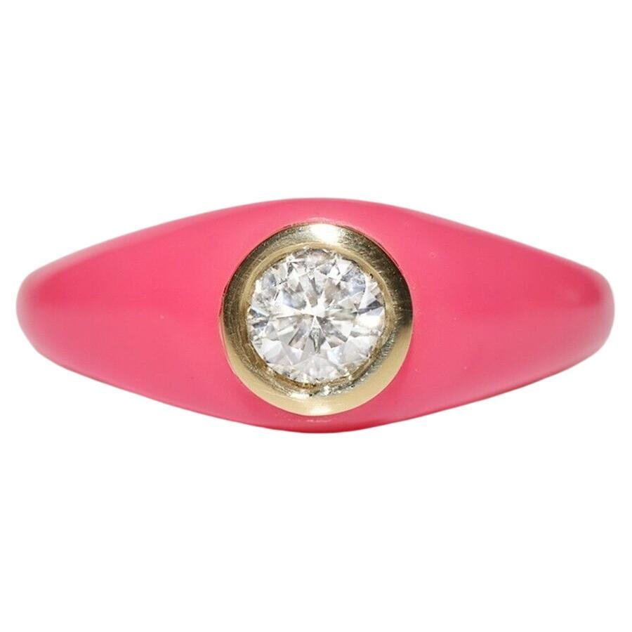 18K Gold Natural Diamond Decorated Enamel Solitaire Ring