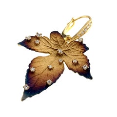 18K Gold Natural Diamond Maple Leaf Dangle Earrings