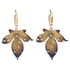 18K Gold Natural Diamond Maple Leaf Dangle Earrings