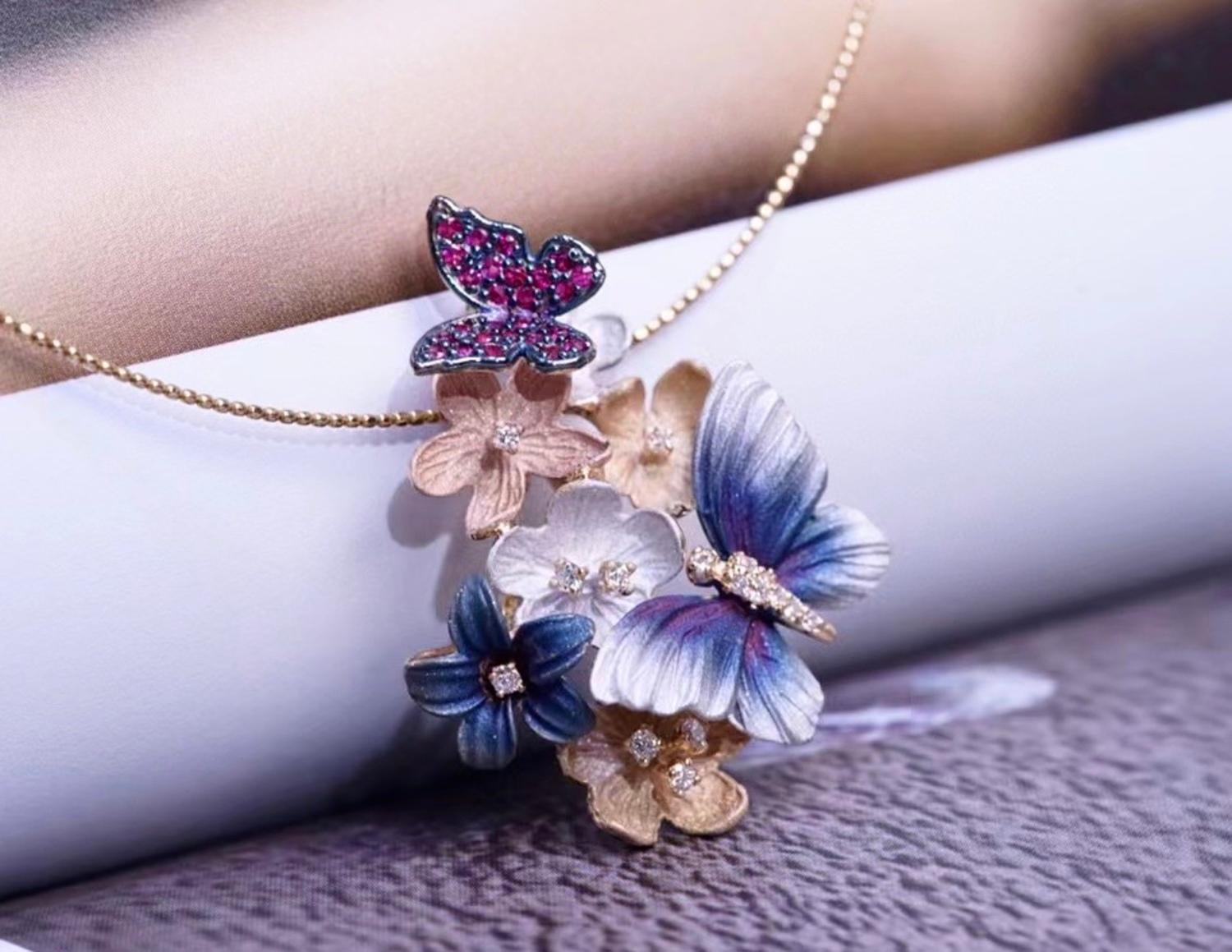 Round Cut 18K Gold Natural Diamond & Ruby 'Butterfly Garden' Pendant Necklace For Sale