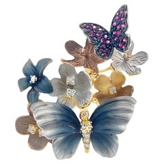 18K Gold Natural Diamond & Ruby 'Butterfly Garden' Pendant Necklace