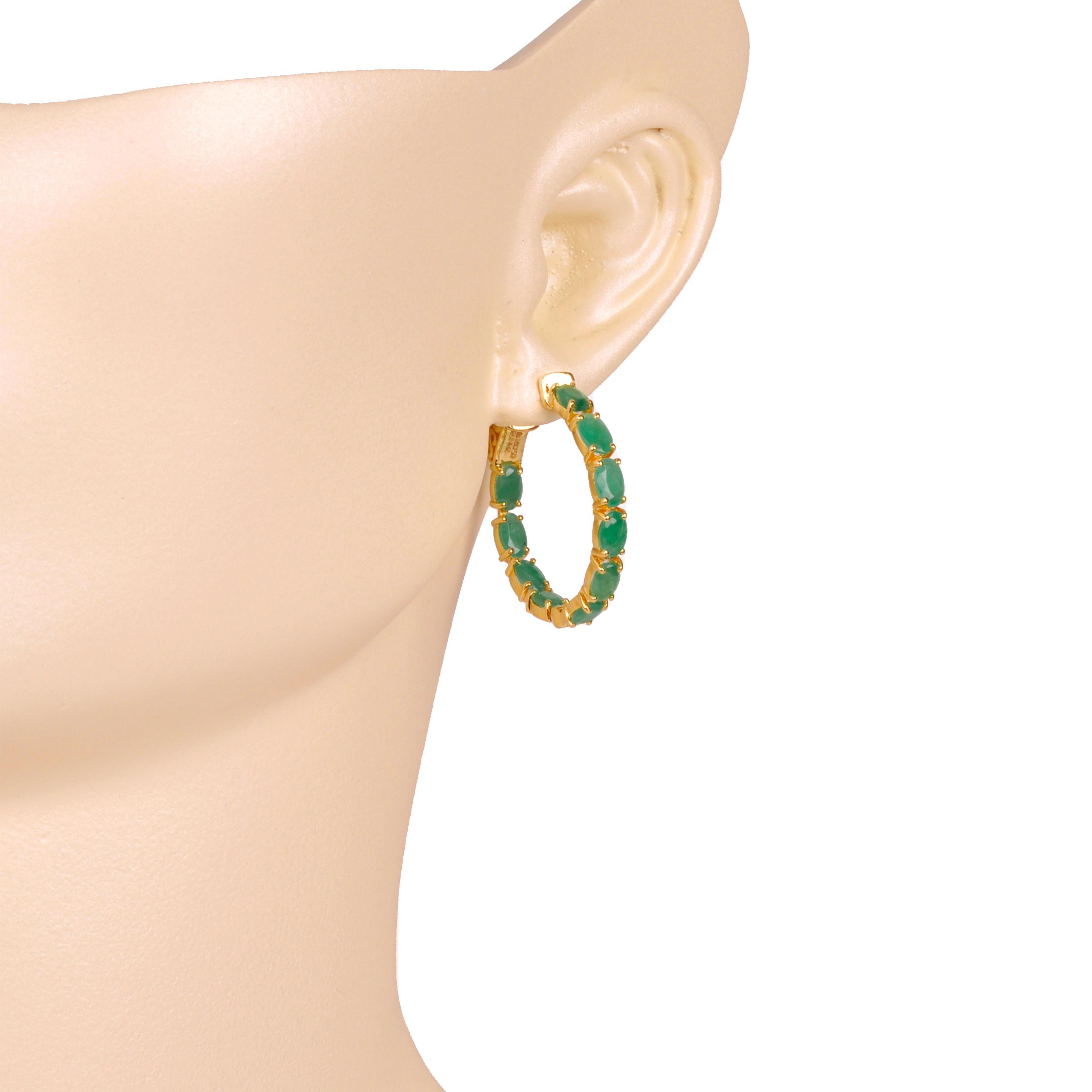 18K Gold Natural Emerald 5x3 MM Oval Classic Hoop Earrings For Sale 4