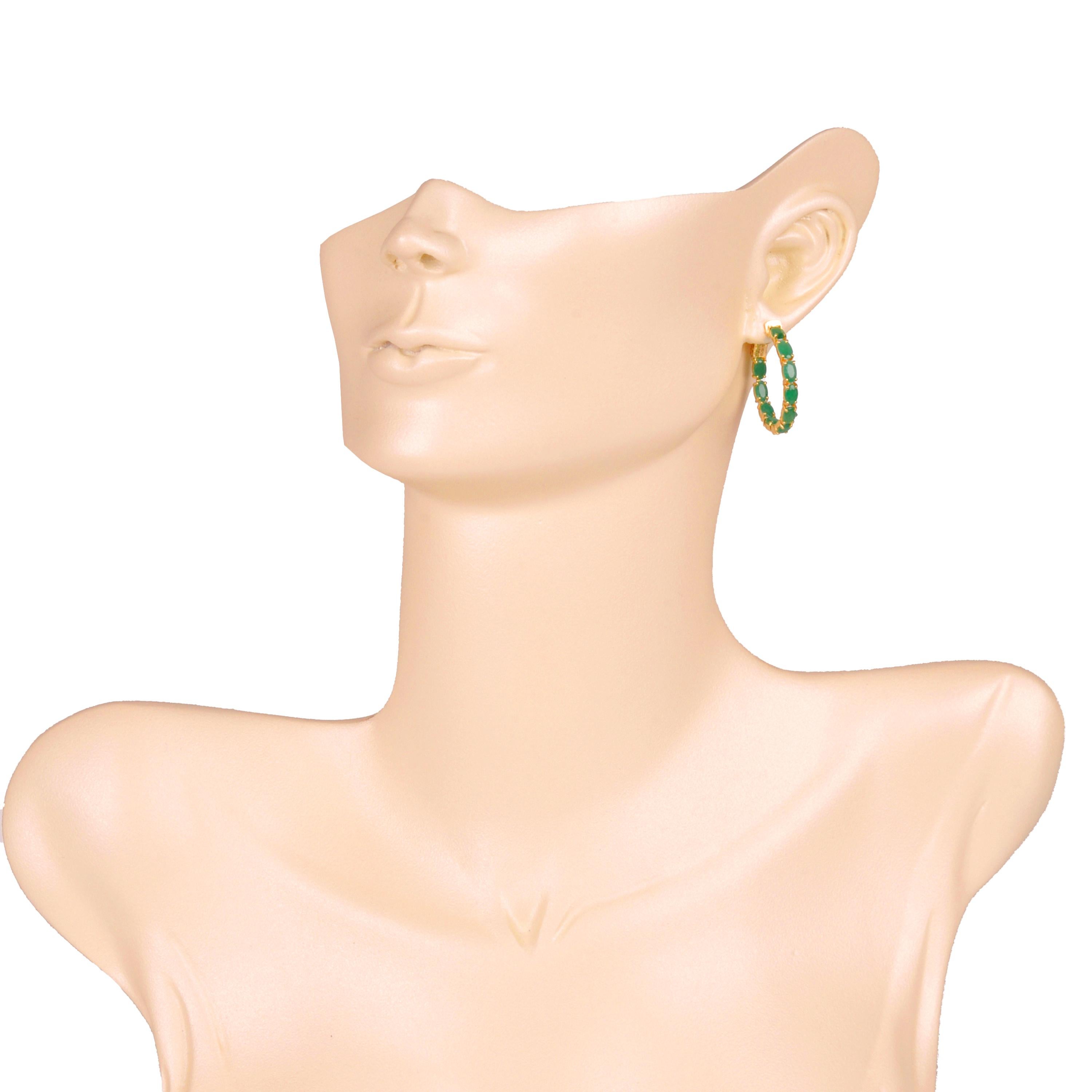 18K Gold Natural Emerald 5x3 MM Oval Classic Hoop Earrings For Sale 5