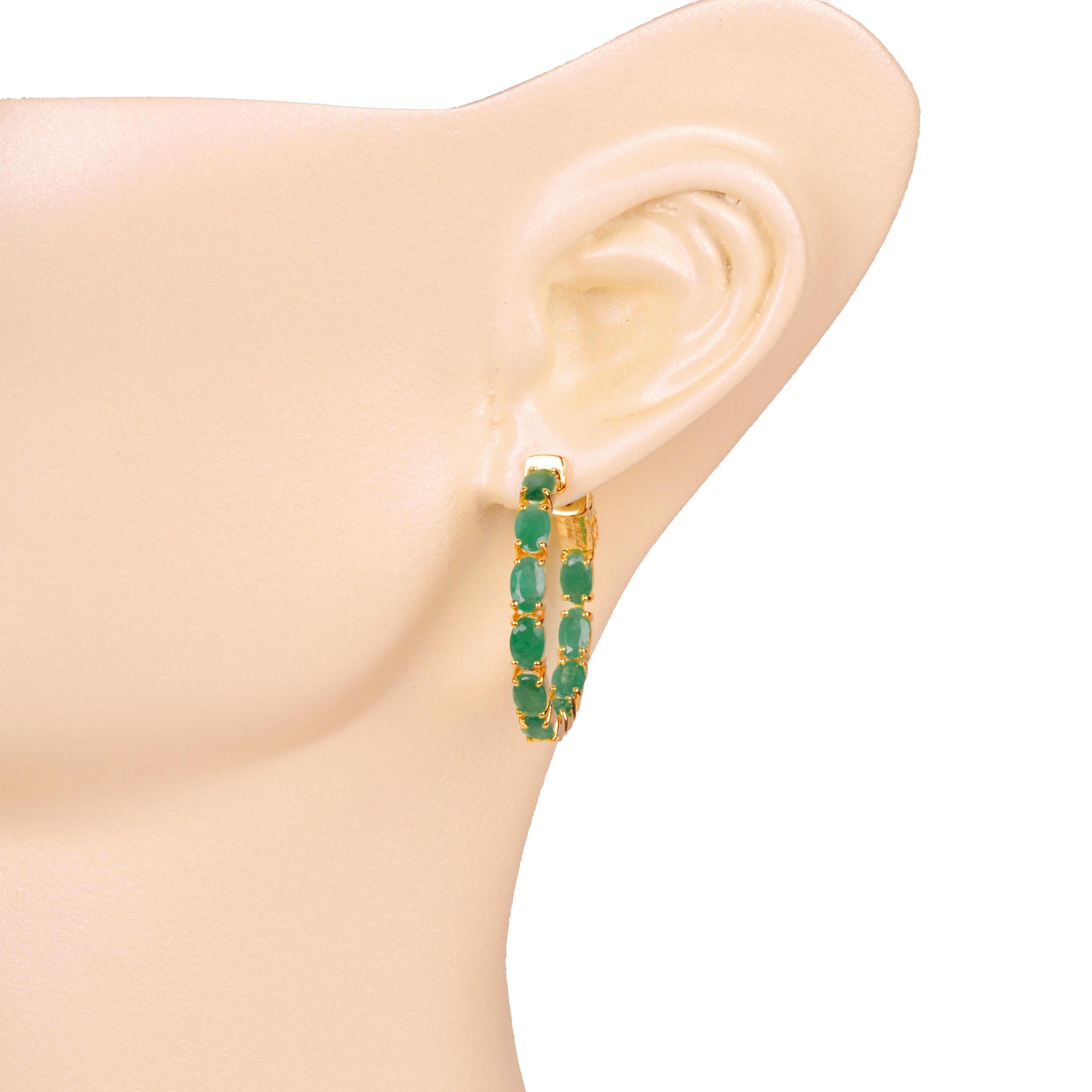 Contemporary 18K Gold Natural Emerald 5x3 MM Oval Classic Hoop Earrings For Sale