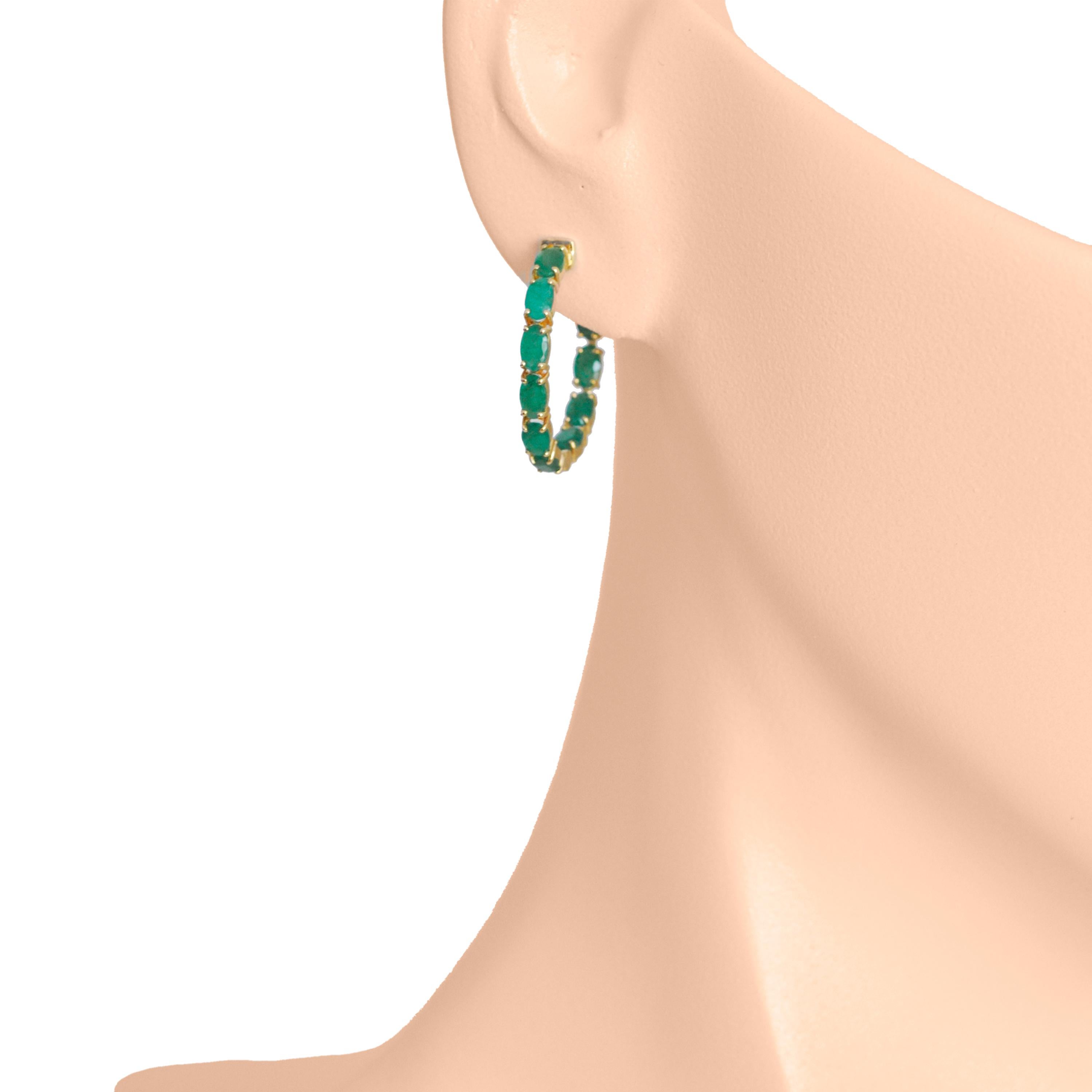 Oval Cut 18K Gold Natural Emerald 5x3 MM Oval Classic Hoop Earrings For Sale