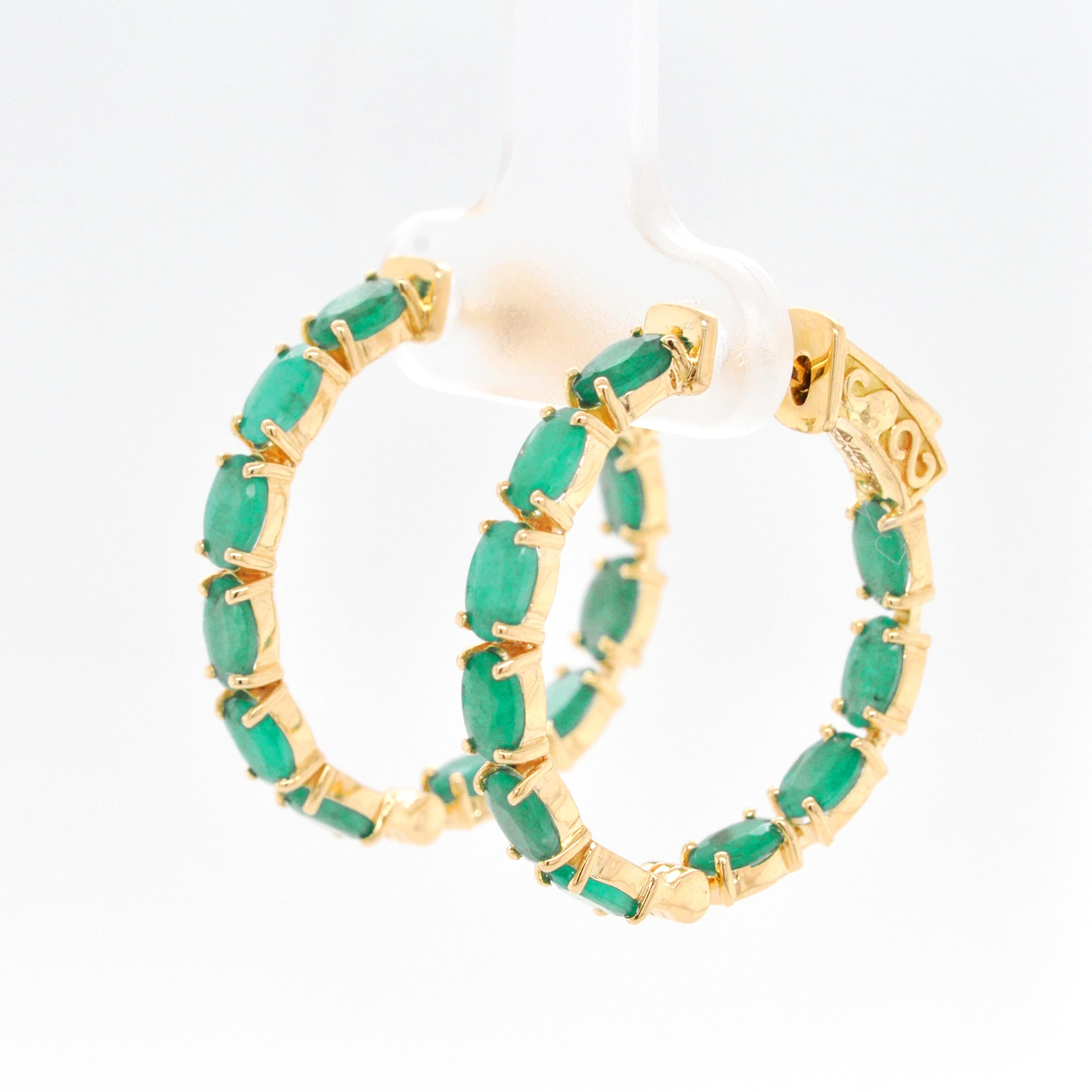 18K Gold Natural Emerald 5x3 MM Oval Classic Hoop Earrings For Sale 2