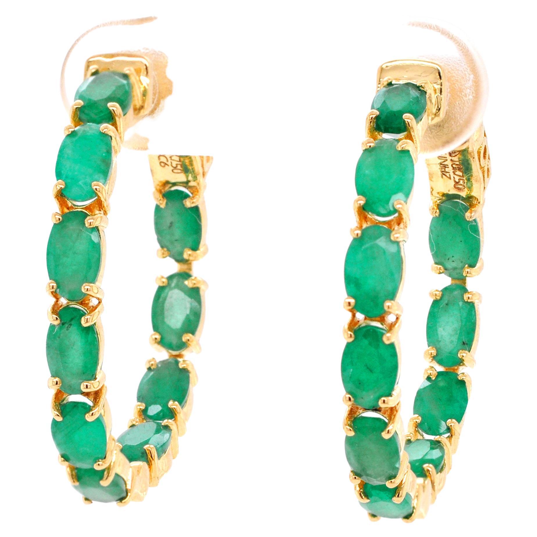 18K Gold Natural Emerald 5x3 MM Oval Classic Hoop Earrings For Sale