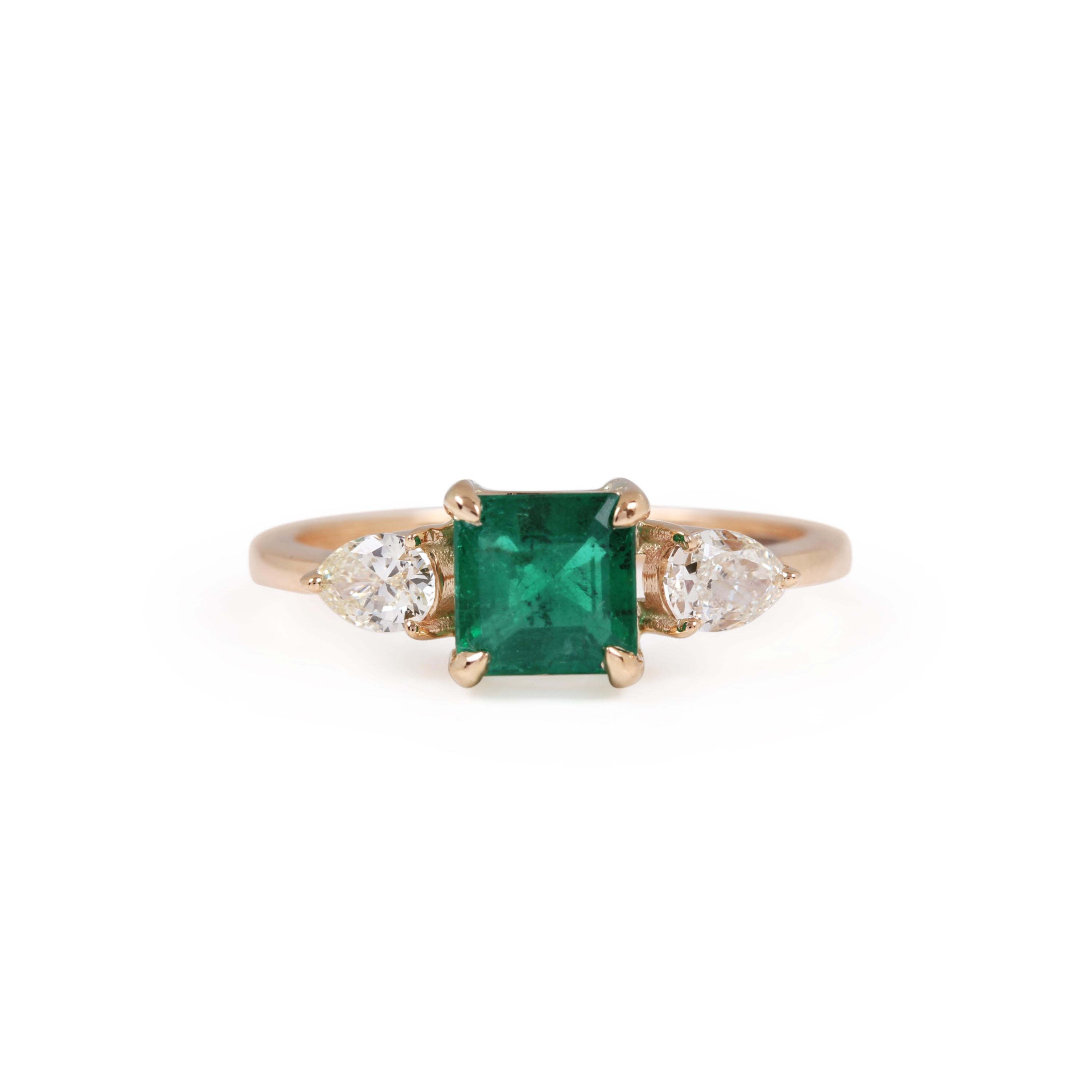 18k Gold Natural Emerald Diamond Art Deco Style Engagement Ring Bridal Ring For Sale 1