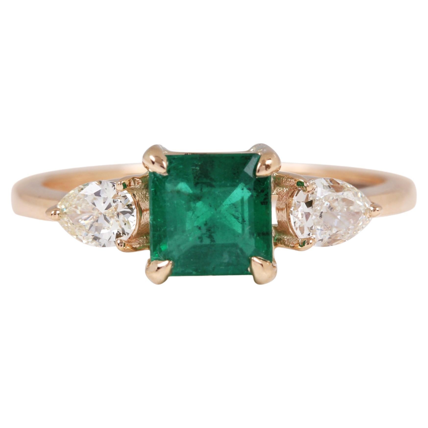 18k Gold Natural Emerald Diamond Art Deco Style Engagement Ring Bridal Ring For Sale