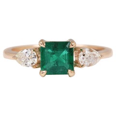 18k Gold Natural Emerald Diamond Art Deco Style Engagement Ring Bridal Ring