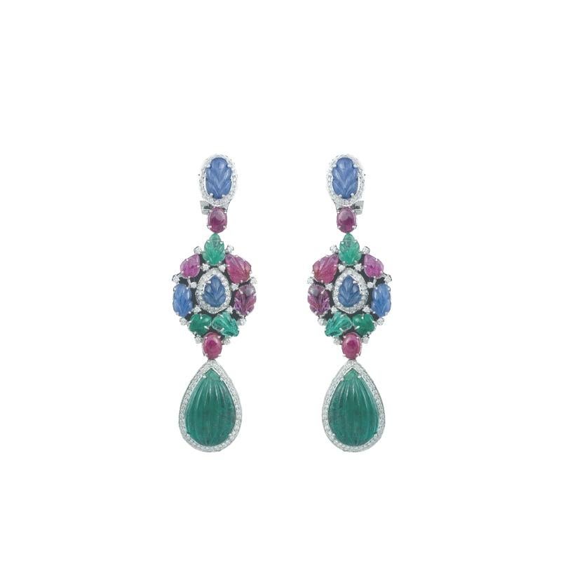 Anglo-Indian 18K gold natural emerald, ruby, sapphire, diamond t dangling earrings
