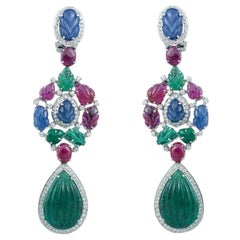 18K gold natural emerald, ruby, sapphire, diamond t dangling earrings
