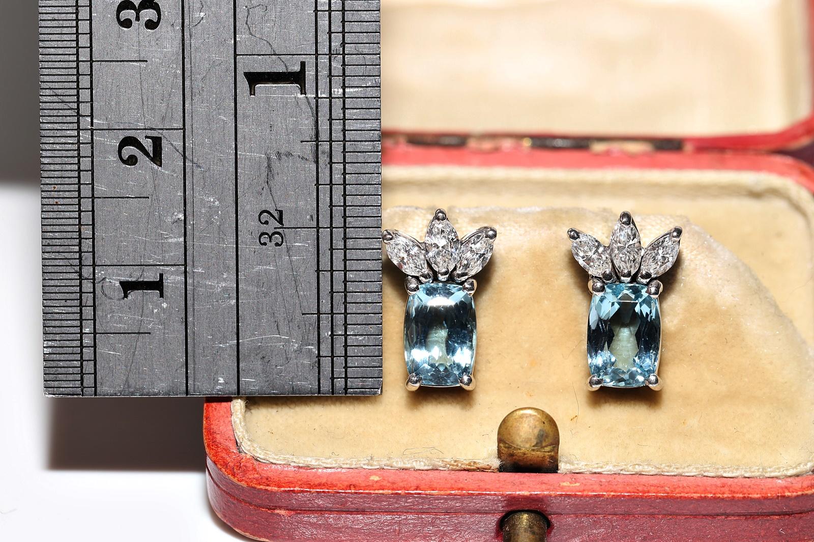 18 Karat Gold Natürlicher Marquise-Schliff Diamant und Aqua Marine Dekorierter Ohrstecker (Marquiseschliff) im Angebot