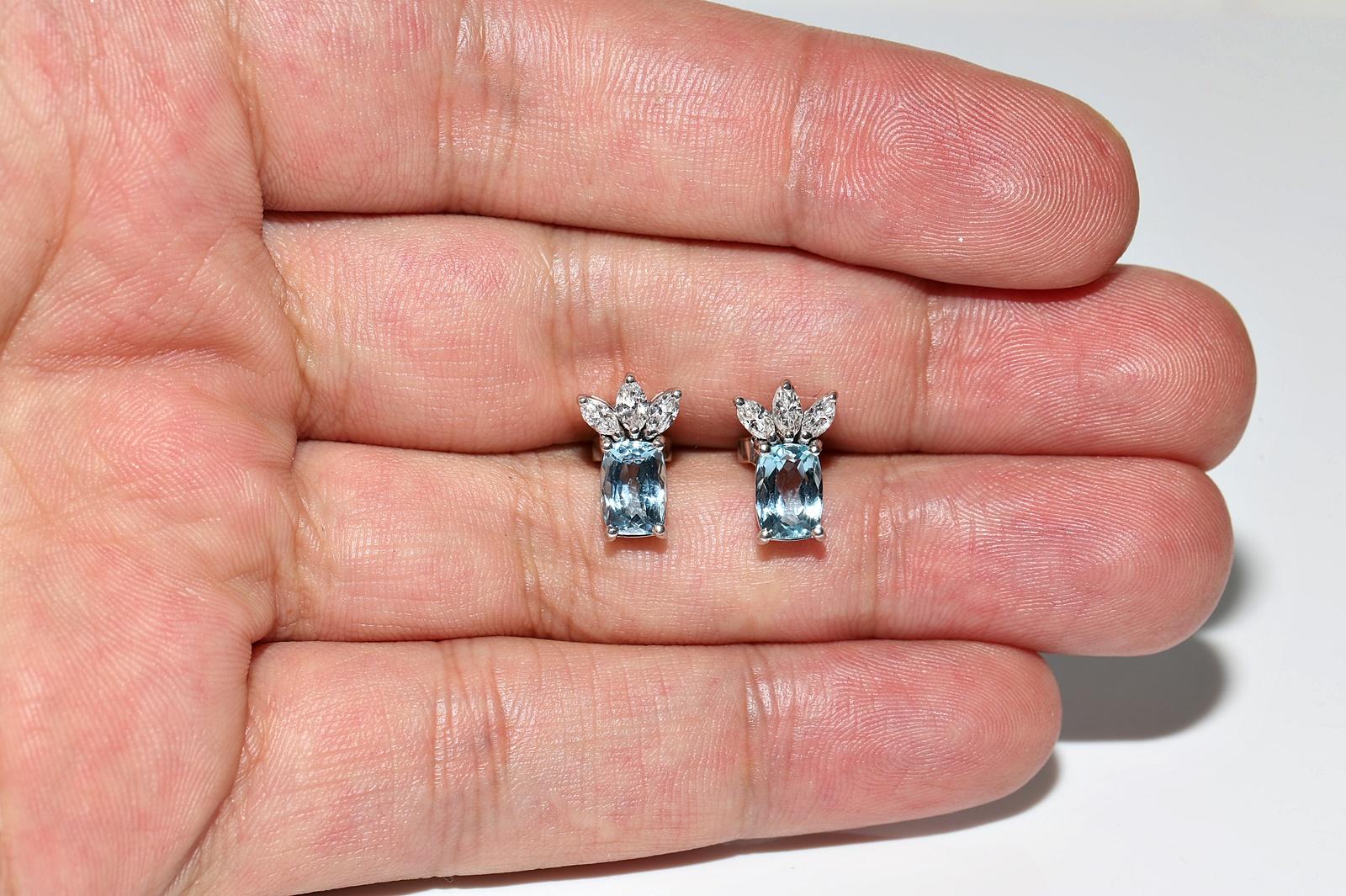 18 Karat Gold Natürlicher Marquise-Schliff Diamant und Aqua Marine Dekorierter Ohrstecker Damen im Angebot