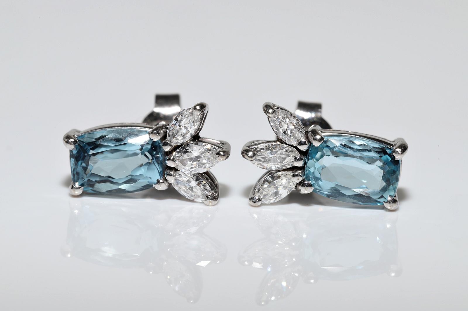 18 Karat Gold Natürlicher Marquise-Schliff Diamant und Aqua Marine Dekorierter Ohrstecker im Angebot 2