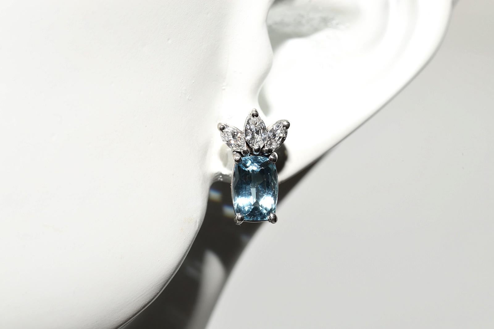 18 Karat Gold Natürlicher Marquise-Schliff Diamant und Aqua Marine Dekorierter Ohrstecker im Angebot 3