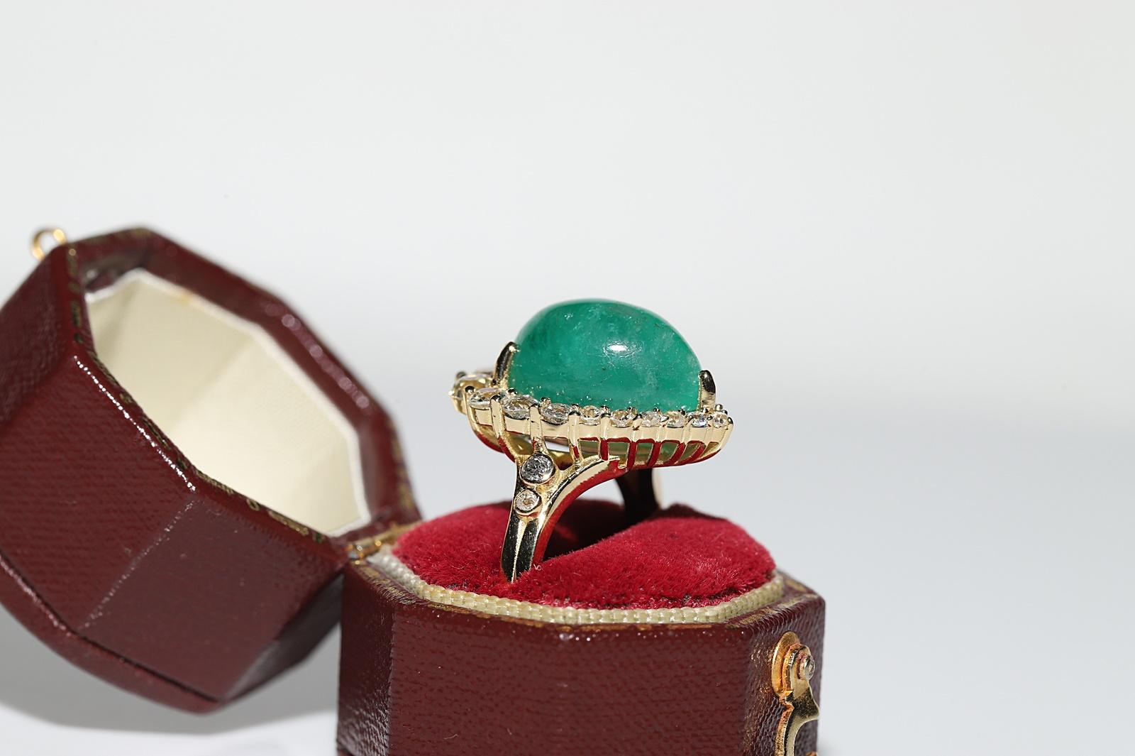 Old Mine Cut 18k Gold Natural Natural Diamond And Cabochon Emerald Decorated Strong Ring For Sale