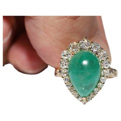 18k Gold Natural Natural Diamond And Cabochon Emerald Decorated Strong Ring