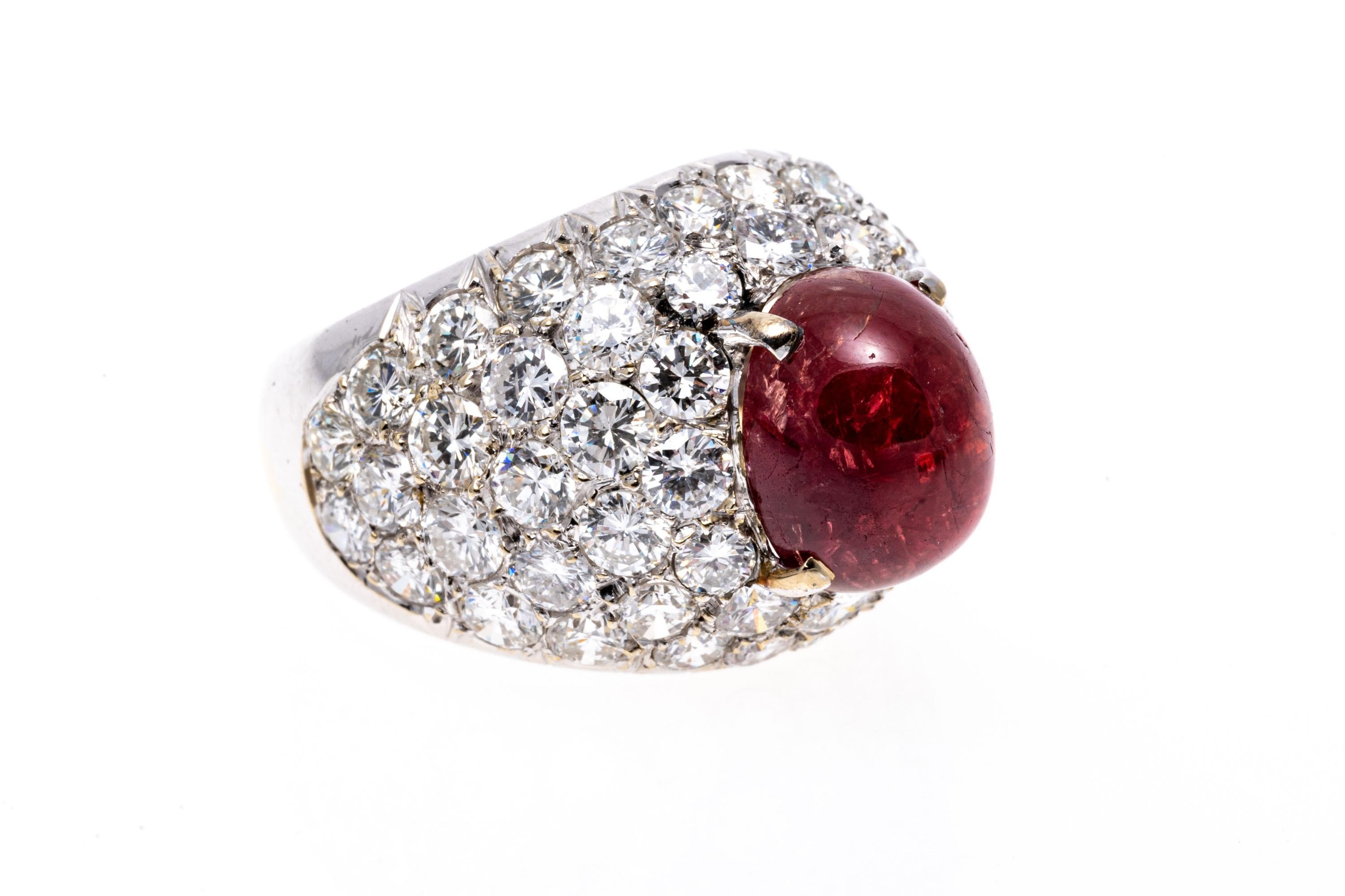 Brilliant Cut 18k Large Cabachon Natural Ruby, 4.54 CTS, and Pave Diamond Dome Ring, GIA Cert For Sale