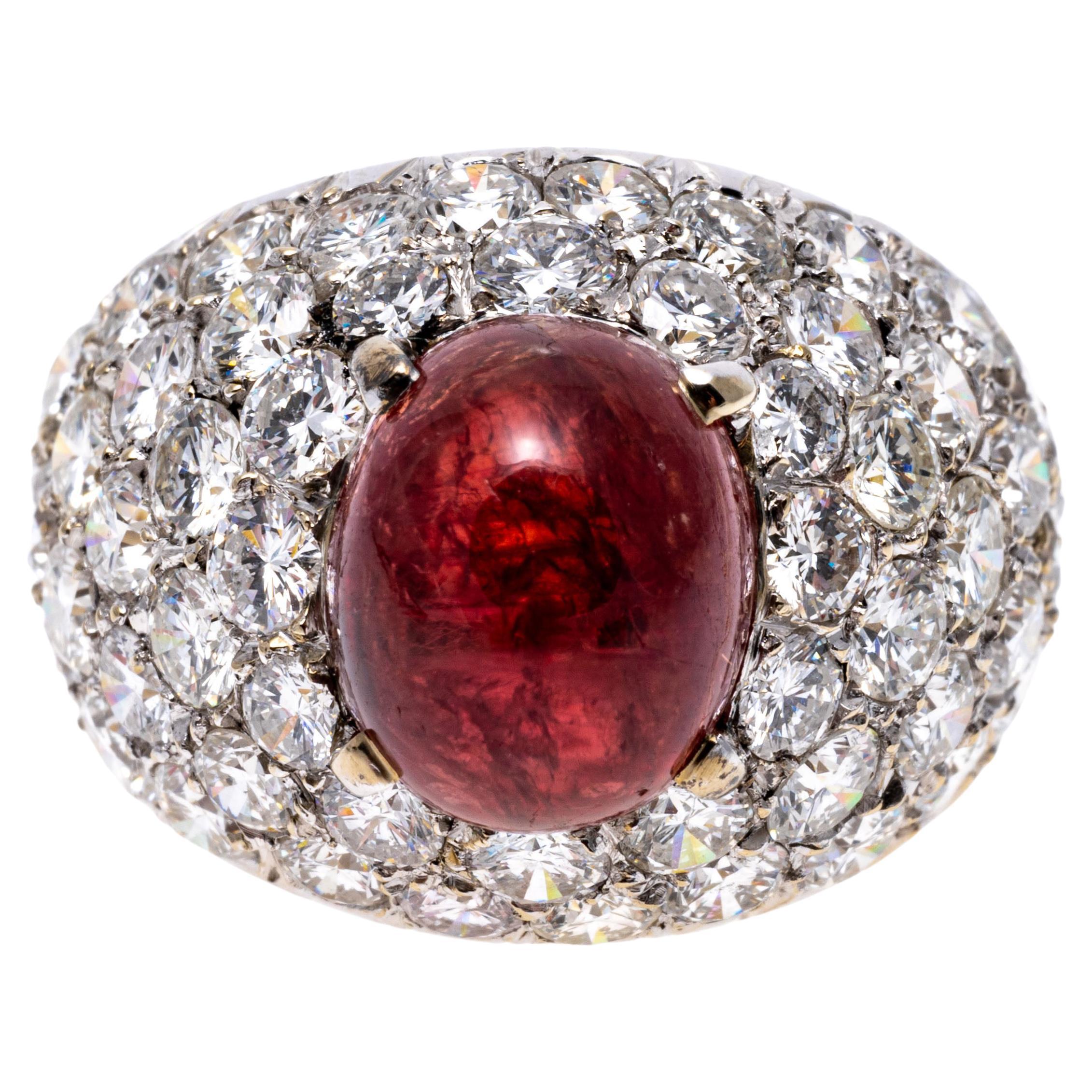 18k Large Cabachon Natural Ruby, 4.54 CTS, and Pave Diamond Dome Ring, GIA Cert For Sale