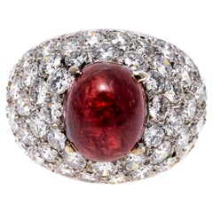 18k Large Cabachon Natural Ruby, 4.54 CTS, and Pave Diamond Dome Ring, GIA Cert