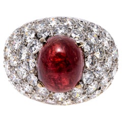 Vintage 18k Large Cabachon Natural Ruby, 4.54 CTS, and Pave Diamond Dome Ring, GIA Cert