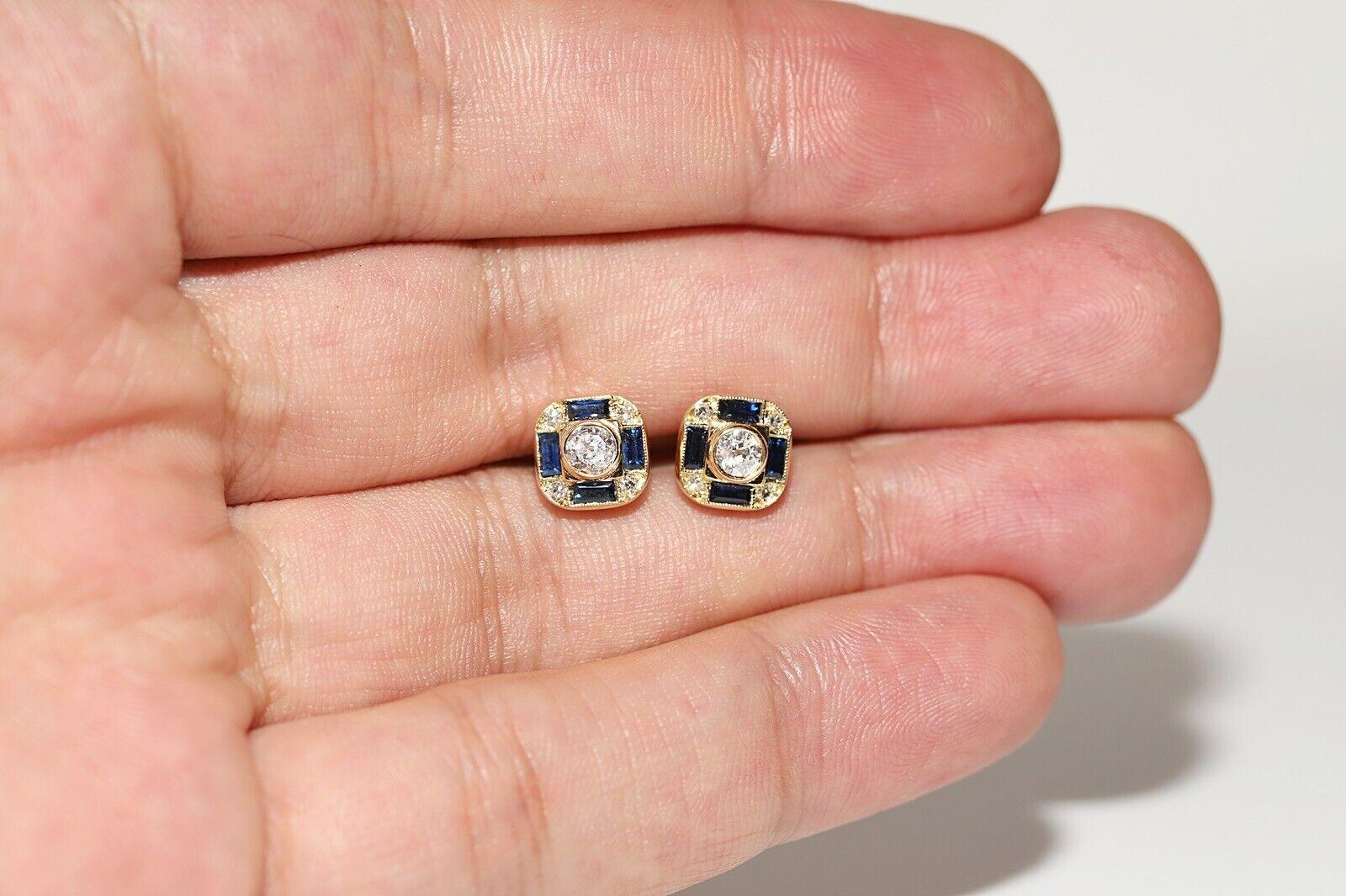 18k Gold Natural Old Mine Cut  Diamond And Caliber Sapphire Earring  For Sale 5