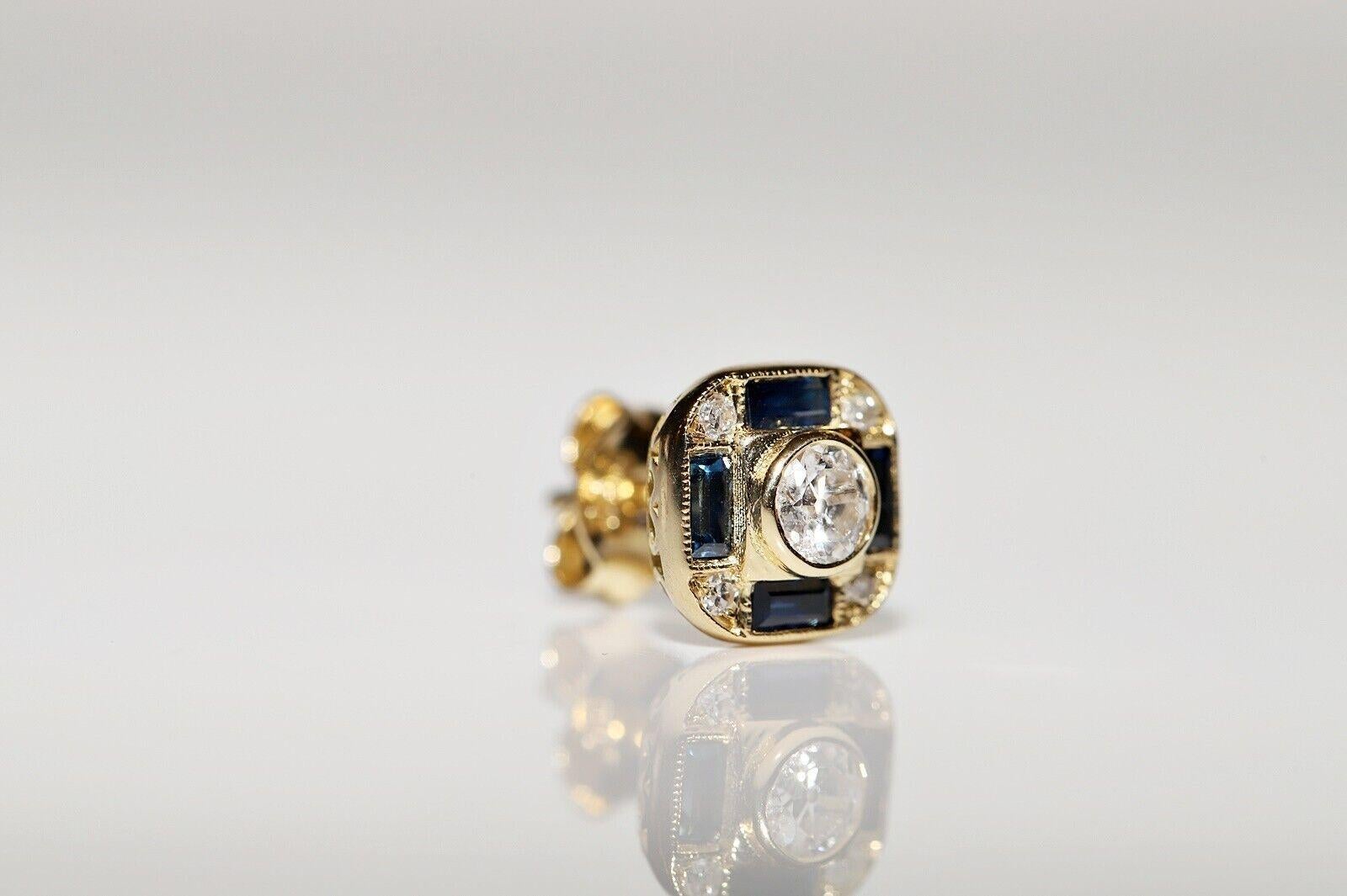 18k Gold Natural Old Mine Cut  Diamond And Caliber Sapphire Earring For Sale 9