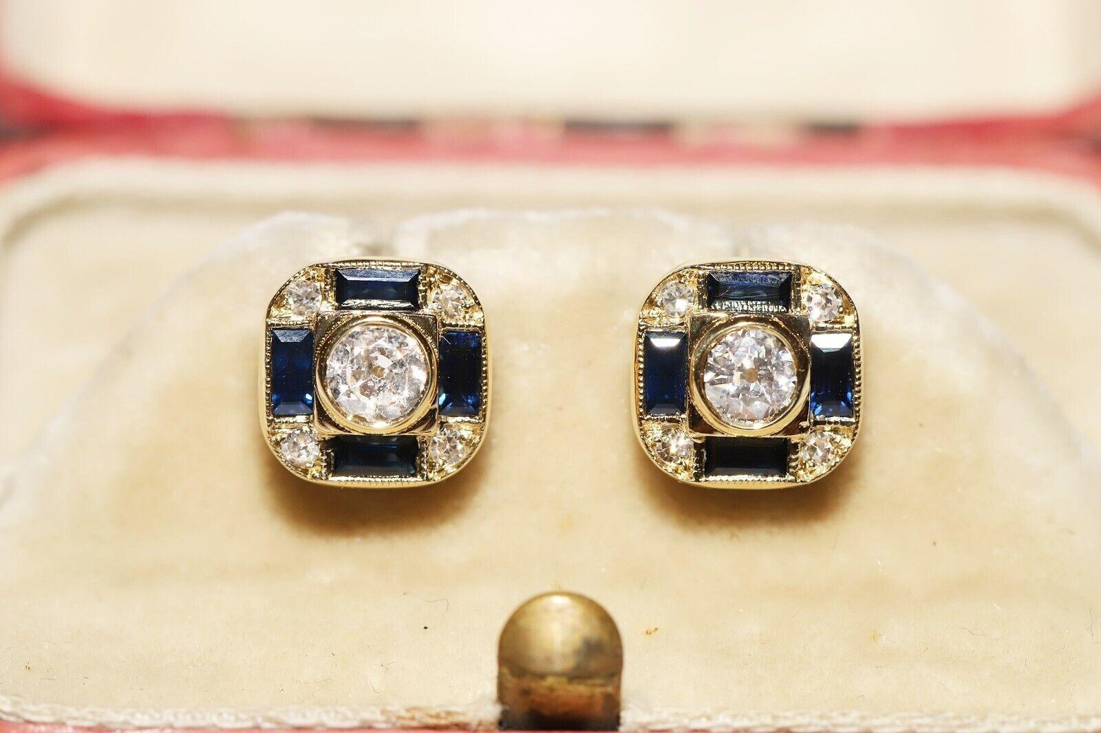 18k Gold Natural Old Mine Cut  Diamond And Caliber Sapphire Earring For Sale 11