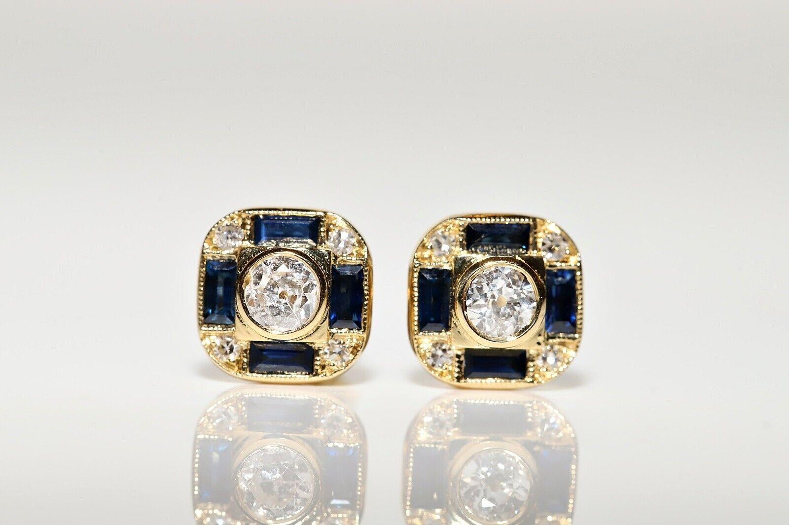 18k Gold Natural Old Mine Cut  Diamond And Caliber Sapphire Earring For Sale 1