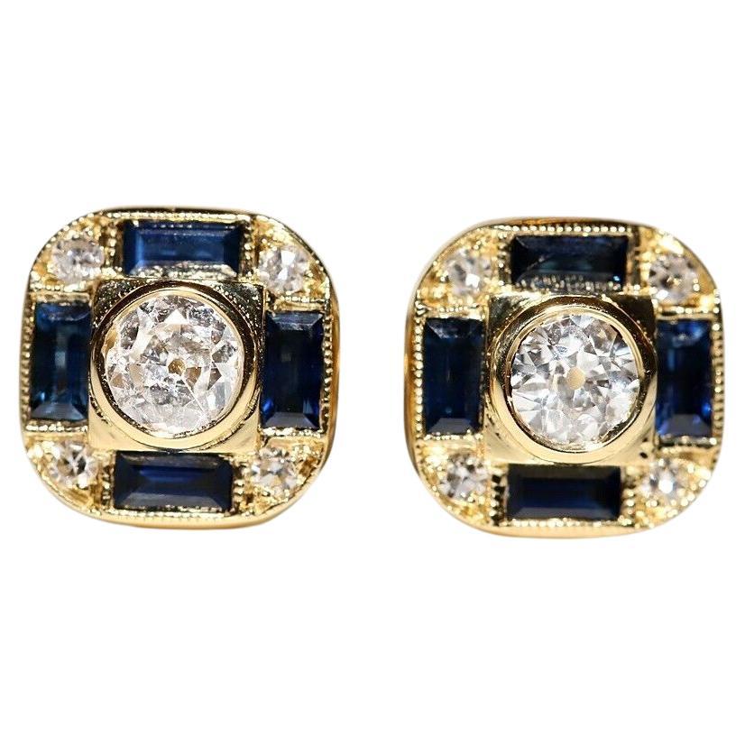 18k Gold Natural Old Mine Cut  Diamond And Caliber Sapphire Earring For Sale